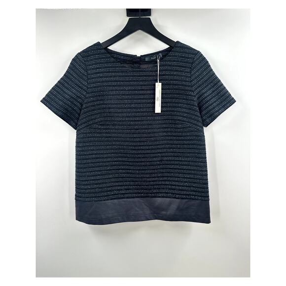 TART NWT Navy Twead Top With Faux Leather Hem Zipper Detail on Back Size Small - Picture 1 of 6